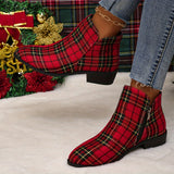 Purpdrank Women's Plaid Ankle Boots, Christmas Style Chunky Low Heeled Boots, Side Zipper Short Boots