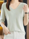 Solid Color V-neck Sweater, Versatile Half Sleeve Knitted Top For Spring & Fall, Women's Clothing