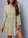 Plain Color Crew Neck Dress, Elegant Long Sleeve Ruffle Hem A-line Dress For Spring & Fall, Women's Clothing