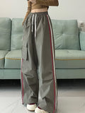 Striped Print Wide Leg Pants, Y2K Drawstring Elastic Waist Flap Pocket Pants For Spring & Summer, Women's Clothing