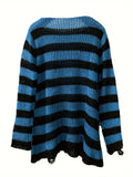 Stylish Off-The-Shoulder Color Block Knit Sweater - Ripped & Semi-Sheer, Perfect for Spring to Fall