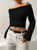 Purpdrank Elegant Off-Shoulder Crop Sweater - Solid Ribbed Knit for Spring to Fall | Versatile & Chic