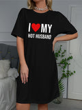 Purpdrank Casual Short-Sleeve Crew Neck Polyester Blend Knit T-Shirt - "I Love My Hot Husband" Slogan Print Nightgown for Women - All-Season Sleepshirt