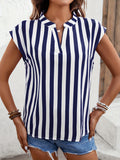 Striped Print Blouse, Casual V Neck Cap Sleeve Work Office Blouse, Women's Clothing