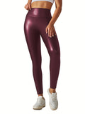 PU Leather Cropped Yoga Pants, High Waist Slight Stretch Slimming Yoga Leggings, Women's Activewear