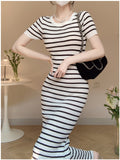 Striped Print Crew Neck Mermaid Hem Dress, Elegant Short Sleeve Bodycon Dress For Spring & Fall, Women's Clothing