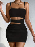 Purpdrank Trendy Y2K Inspired Solid Hollow Bodycon Cami Dress - Women's Sexy Spaghetti Dresses for Spring & Summer - Body Hugging, Mini Length, Sleeveless, V Neckline, Backless, Perfect for Outdoor Events and Casual Gathering