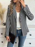 Purpdrank Women's Elegant Houndstooth Print Blazer - Long Sleeve, Button Front, Lapel Style, Perfect for Office and Work