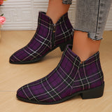 Purpdrank Women's Plaid Ankle Boots, Christmas Style Chunky Low Heeled Boots, Side Zipper Short Boots