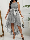 Elegant Sleeveless Lace A-line Dress, High Low Hem Tie Waist For Party & Banquet, Women's Clothing