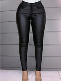 Skinny Fit Matte PU Leather Coated Denim Pants - Stretchy, Pkush-Lined, Warm, and Sexy - Black Plain Jeans for Women, Perfect for Winter Season