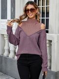 Cold Shoulder Mock Neck Sweater, Elegant Drop Shoulder Long Sleeve Solid Color Striped Sweater For Fall & Winter, Women's Clothing