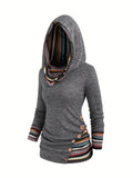 Trendy Ethnic Print Hoodie for Women - Stylish Button Accent, Comfortable Long Sleeve, Hooded Top - Perfect Fashionable Womens Casual Wear