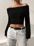 Purpdrank Elegant Off-Shoulder Crop Sweater - Solid Ribbed Knit for Spring to Fall | Versatile & Chic