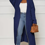 Purpdrank Plus Size Casual Cardigan, Women's Plus Cable Knitted Long Sleeve Open Front Medium Stretch Sweater Cardigan With Pockets