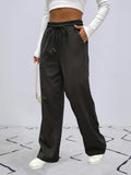 Solid Drawstring Pants, Casual Wide Leg Elastic Waist Pants, Women's Clothing