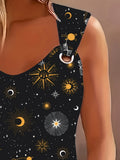 Vibrant Star & Moon Print Ring Linked Tank Top - Sleeveless, Relaxed Fit, Breathable, Moisture-Wicking, Quick-Drying, Perfect for Spring & Summer, Women's Casual Clothing, Ideal for Outdoor Activities, Daily Wear, and Vacatio