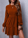 Plain Color Crew Neck Dress, Elegant Long Sleeve Ruffle Hem A-line Dress For Spring & Fall, Women's Clothing