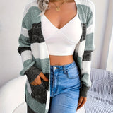 Purpdrank Cozy Striped V-neck Cardigan - Casual Drop Shoulder Knitwear - Loose Fit, Long Sleeve, Color Block - Perfect for Fall & Winter - Womens Fashion Staple