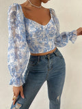 Purpdrank Long Sleeve Floral Print Single Breasted Blouse for Spring & Fall, Elegant Sweetheart Neck Women's Clothing