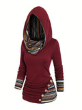 Trendy Ethnic Print Hoodie for Women - Stylish Button Accent, Comfortable Long Sleeve, Hooded Top - Perfect Fashionable Womens Casual Wear