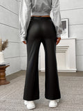 Elegant High Waist PU Straight Leg Pants, Faux Leather Slant Pocket For Spring & Fall, Women's Clothing