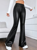 Stylish Faux Leather Flare Leg Pants - Women's High Waist Slim Pants for Elegant Look - Comfortable, Stretchy, and Versatile Clothing for Daily Wear