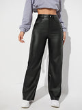 Elegant High Waist PU Straight Leg Pants, Faux Leather Slant Pocket For Spring & Fall, Women's Clothing