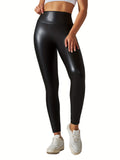 PU Leather Cropped Yoga Pants, High Waist Slight Stretch Slimming Yoga Leggings, Women's Activewear