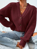 Single-Breasted Solid Color Long Sleeve Cardigan, Casual V Neck For Fall & Winter, Women's Clothing