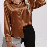 Purpdrank Elegant All-Season Shirt for Women - Long Sleeve, Solid Color, Easy-Care Polyester Blouse with Classic Turn-Down Collar