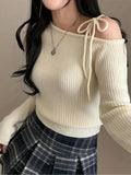 Elegant Y2K Style Off-the-Shoulder Sweater with Drawstring Shoulder Straps, Long Sleeve, H-Fit, Knitted Polyester, Casual Solid Color Pullover Sweater for Women - Spring/Fall Collection