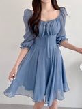 Lace Up Square Neck Dress, Elegant Half Sleeve Dress For Spring & Summer, Women's Clothing