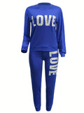 Chic Love Letter Printed Womens Two-piece Set - Comfy Long Sleeve Top & Stylish Pants for Fall & Winter