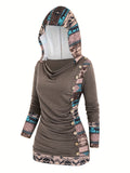 Stylish Aztec Print Cowl Neck Hoodie - Fashion Hoodies with Long Sleeve, Button Decor, and Hooded Design - Women's Clothing for Casual Wear