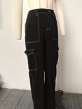 Y2K Vintage & Kpop Bootcut Cargo Pants for Women - All-Season, Cotton Blend, Street Style with Square Pockets & Washed Detail Khaki