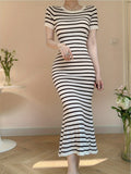 Striped Print Crew Neck Mermaid Hem Dress, Elegant Short Sleeve Bodycon Dress For Spring & Fall, Women's Clothing