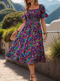 Floral Print Shirred Dress, Vacation Style Puff Sleeve Square Neck Dress For Spring & Summer, Women's Clothing