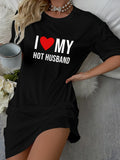 Purpdrank Casual Short-Sleeve Crew Neck Polyester Blend Knit T-Shirt - "I Love My Hot Husband" Slogan Print Nightgown for Women - All-Season Sleepshirt