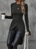 Cozy Long Sleeve Split Hem Crew Neck Top - Soft, Breathable, and Versatile for Spring and Fall - Women's Casual Wear for Everyday Comfort