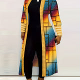 Purpdrank Colorblock Geometric Print Cardigan, Casual Long Sleeve Open Front Long Cardigan, Women's Clothing