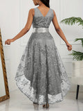 Elegant Sleeveless Lace A-line Dress, High Low Hem Tie Waist For Party & Banquet, Women's Clothing