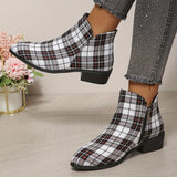 Purpdrank Women's Plaid Ankle Boots, Christmas Style Chunky Low Heeled Boots, Side Zipper Short Boots