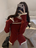 Women's Red Sweet Style Ribbed Knit Sweater, Off-Shoulder/One-Shoulder Collar, Elastic Slim Fit, Contrast Color Trim, Casual Pullover, Long Sleeves, Short Length, H-Shape, Knit Fabric, No Padding, Viscose Material, No Belt