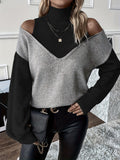 Cold Shoulder Mock Neck Sweater, Elegant Drop Shoulder Long Sleeve Solid Color Striped Sweater For Fall & Winter, Women's Clothing