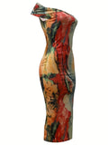 Abstract Print Sheath Dress, Off-shoulder Straight Neck Slim Dress For Spring & Summer, Women's Clothing