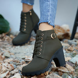 Women's Chunky Heeled Ankle Boots, Solid Color Lace Up & Side Zipper Boots, Retro High Heeled Short Boots