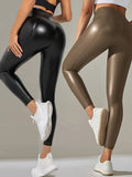 2-Piece Set - Fashionable Tight Pants with Vibrant Solid Color, High-Quality PU Leather, Slim-Fit Design - Womens Clothing, Chic and Trendy Outfit Essential