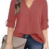 Purpdrank Chic Solid V-Neck Blouse - Fashionable simplicity for Women - Relaxed Casual Long Sleeve Style