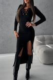 Elegant Solid Bandage Slit V Neck Long Sleeve Two Pieces